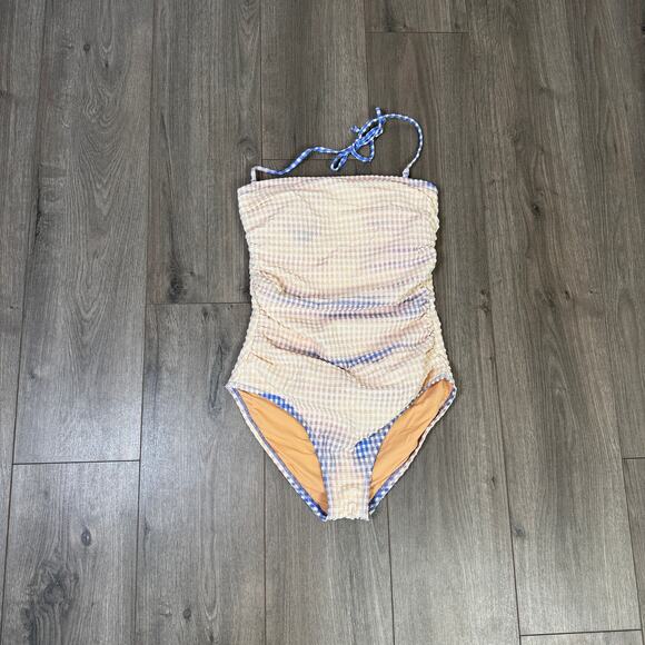 J.Crew Strapless Seersucker Halter One-Piece Swimsuit WMNS S Blue White Gingham - Picture 5 of 11